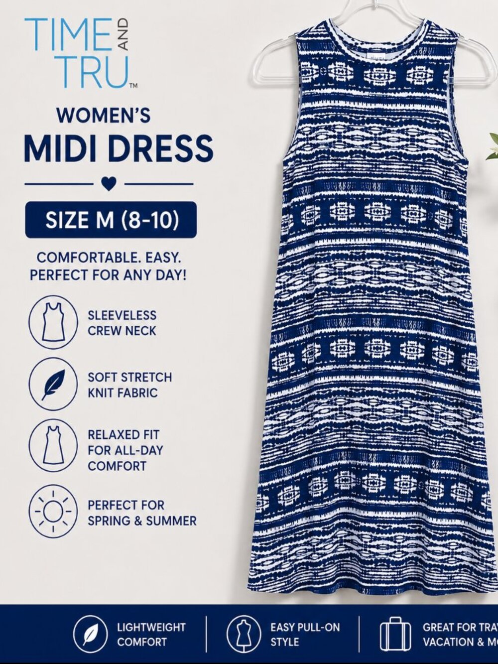 Time and Tru Blue White Geometric Sleeveless Midi Dress M (8–10)
